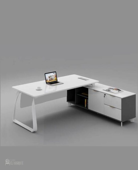 Moritz 1.6x1.6m Gloss White L Shape Office Desk w/Cabinet Fluid Steel Leg