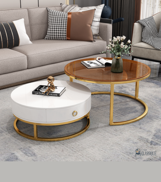 Aria Round Coffee Table Gloss White Metal Frame Gold 2 pcs