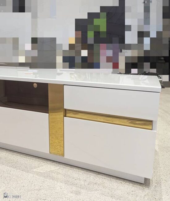 April TV Stand Gloss White w/Stainless Steel Gold 200Lx40Dx42Hcm