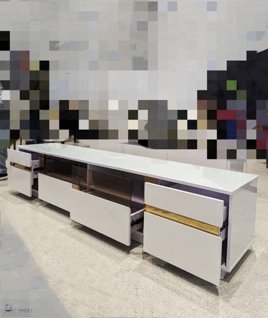 April TV Stand Gloss White w/Stainless Steel Gold 200Lx40Dx42Hcm