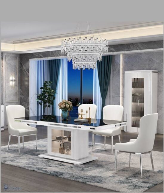 VIVIANA White Dining Table with Amara Chair SET 7pcs Gloss White & Silver Trim