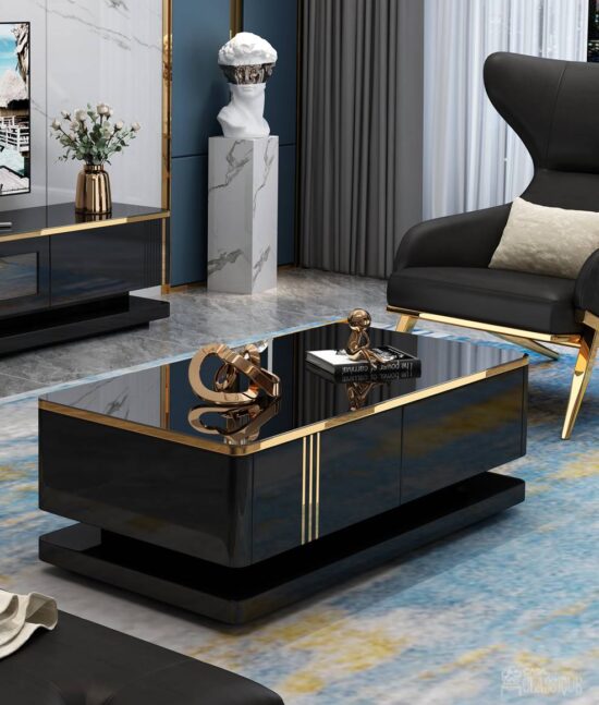 Viviana Black Coffee Table Gloss Black & Gold Metal 120Lx60Dx41Hcm