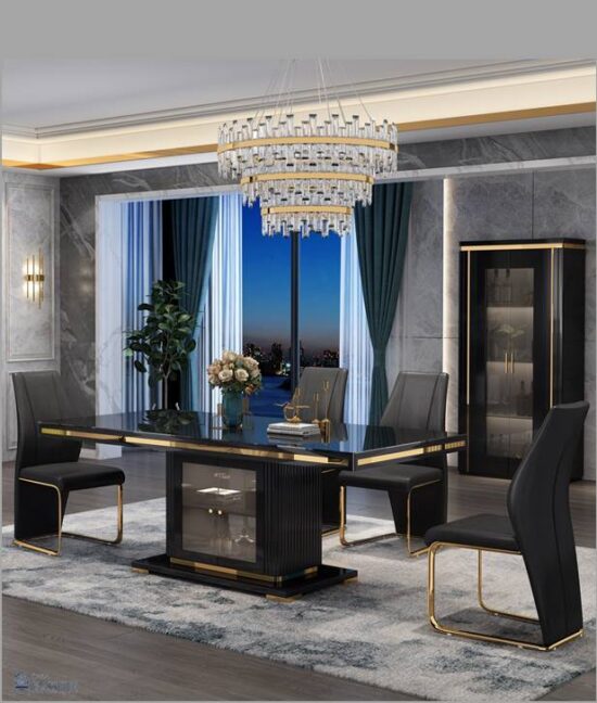 VIVIANA Black Dining Table with Arabella Chair SET 7pcs Gloss Black & Gold