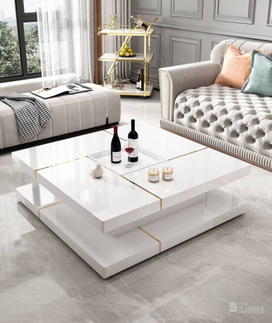 Alessia Square Coffee Table White Gloss & Gold Stainless Steel 100Lx100Dx38Hcm