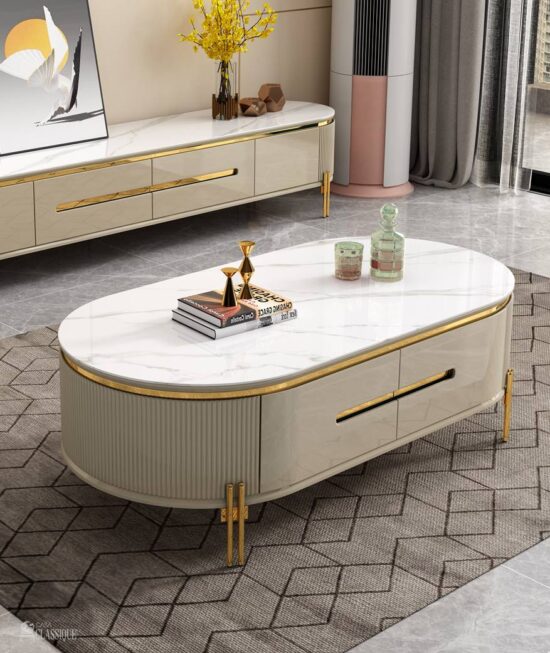 Coretta Sintered Stone Coffee Table Gloss Oak Buff & Gold 120Lx60Dx45Hcm