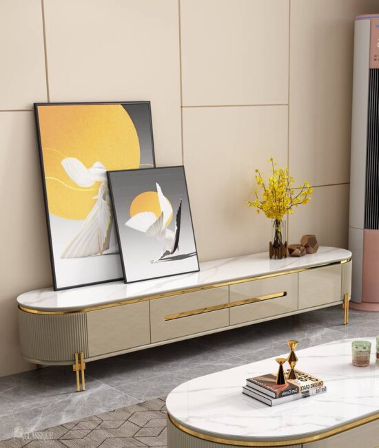 Coretta Sintered Stone TV Stand Gloss Oak Buff & Gold 200Lx40Dx45Hcm