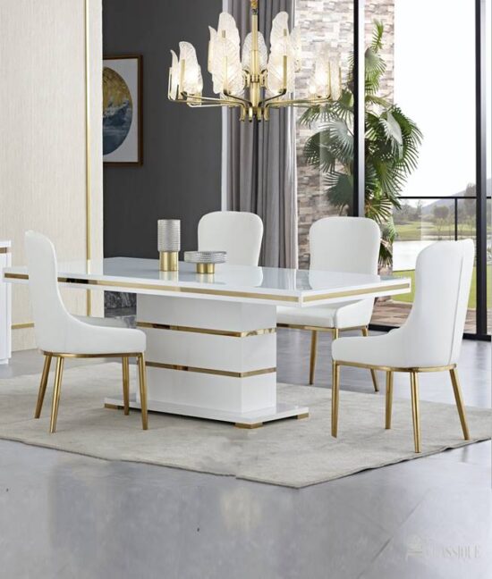 Andrea Dining Table & Armani Chair Pcs SET White Top Gold Trim 200x100x76cm