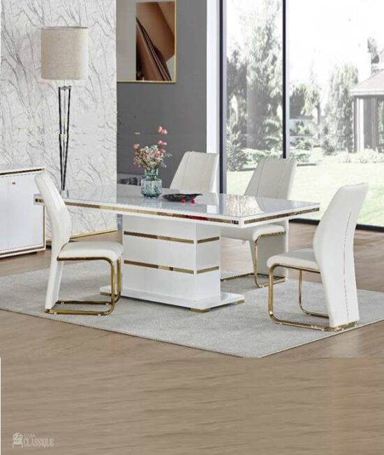 Andrea Dining Table & Arabella Chair SET 7pcs White Top Gold Trim