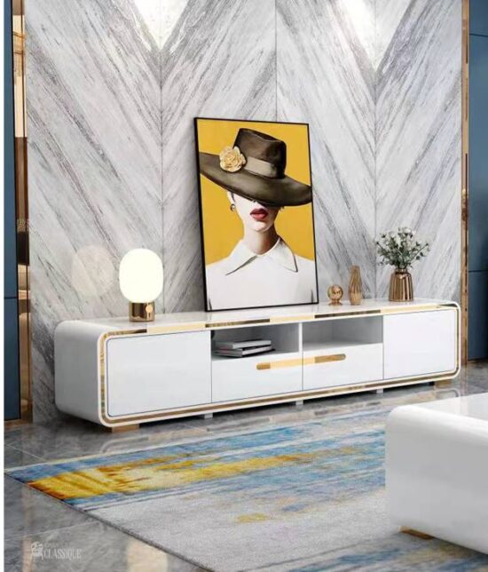 Archer TV Stand Gloss White w/Stainless Steel in Gold 200Lx40Dx42Hcm