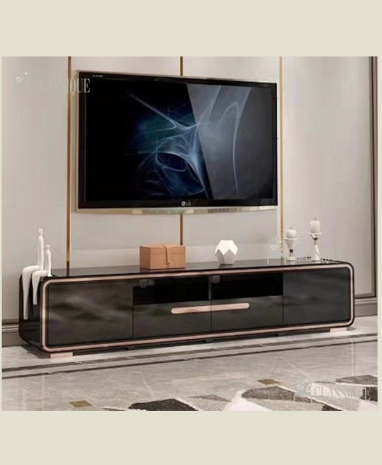 Archer TV Stand Gloss Black w/Stainless Steel in Gold 200Lx40Dx42Hcm Special