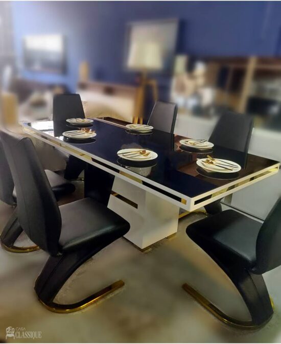 Alethea Dining Table & Andrea Chair 7pcs SET Gloss B&W & Gold Trim 200Lx100Dx76Hcm