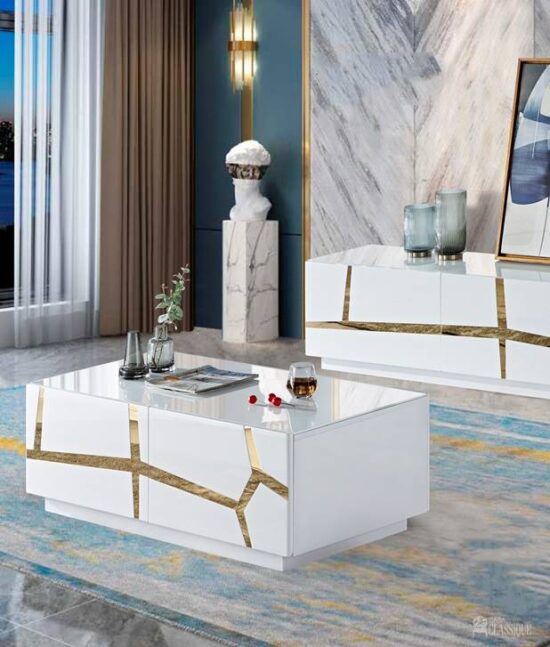 Aida Coffee Table Gloss White Gold Metal in Geometric Pattern 120Lx60Dx40Hcm