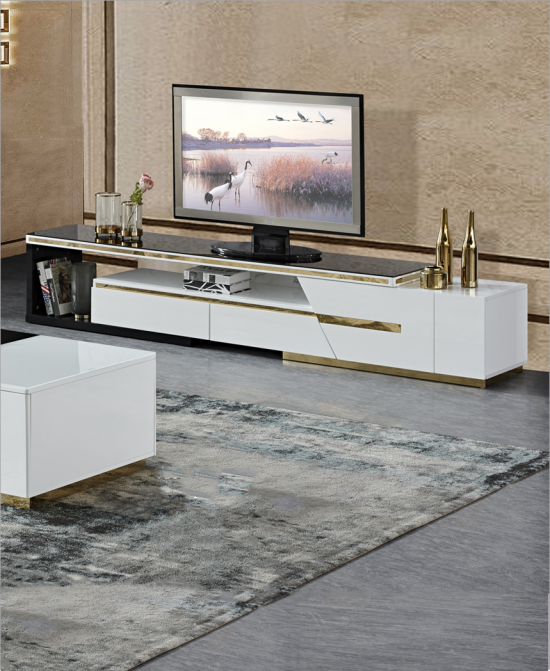 Alethea TV Stand b&w gloss stainless steel EXTENDABLE 200/250Lx40Dx42Hcm