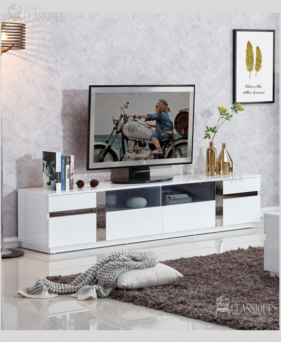 April TV Stand Gloss White w/Stainless Steel in Silver 200Lx40Dx42Hcm