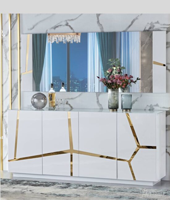 Aida Sideboard Gloss White w/Stainless Steel Gold 180Lx40Dx80Hcm