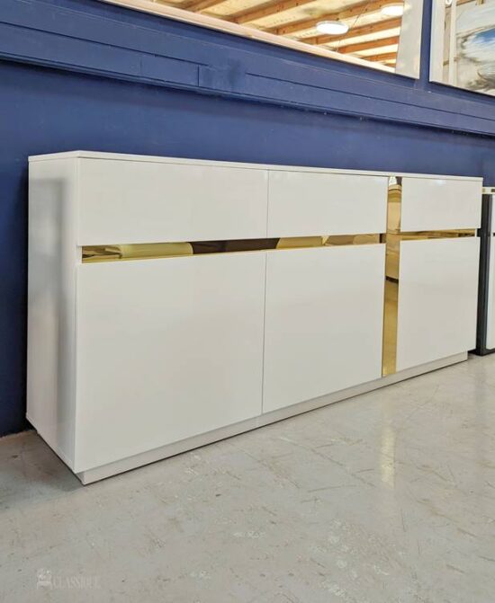 April Sideboard Gloss White w/Stainless Steel in Gold 180Lx40Dx80Hcm