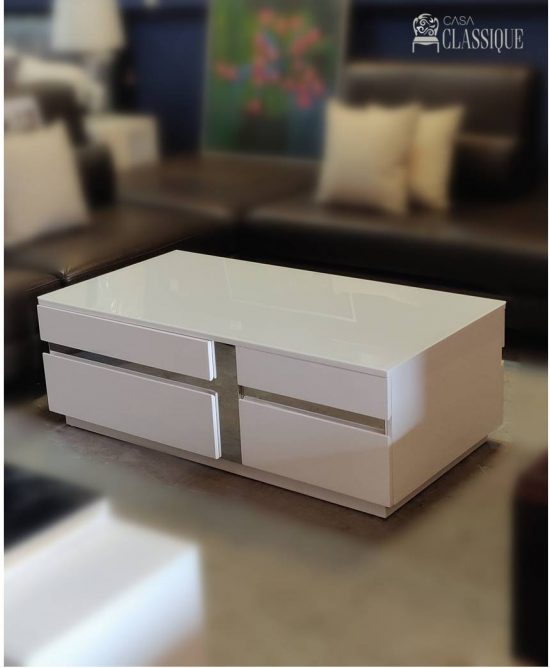 April Coffee Table Gloss White w/Stainless Steel in Silver 120Lx60Dx40Hcm