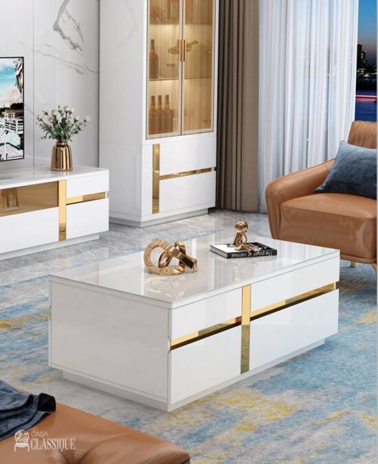 April Coffee Table Gloss White w/Stainless Steel Gold 120Lx60Dx40Hcm