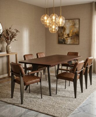 Baron 7-Piece Dining Set showcasing the mahogany-stained oak table paired with six diamond-quilted brown PU leather Bethany chairs.