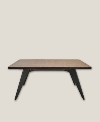 Baron Dining Table showcasing a prominent oak veneer grain stained in a rich mahogany color with a matte coffee steel base.