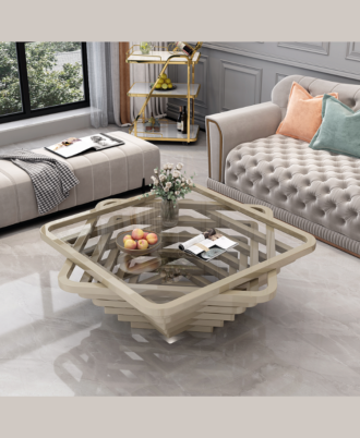 Layered geometric glass coffee table with a unique parametric wood base