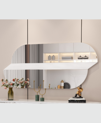 Large Coretta wall mirror with a detailed line design and light moden white wooden frame.