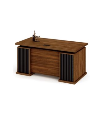 Eira office desk in American walnut color laminate featuring built-in 3-drawer pedestal unit with lock and side storage cabinet under a 50mm thick desktop surface.
