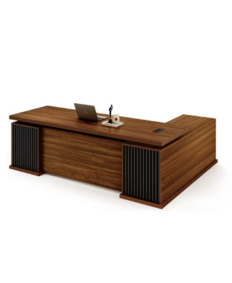 Enzo 1.8m L-shaped executive desk in American Walnut with black column legs and built-in storage