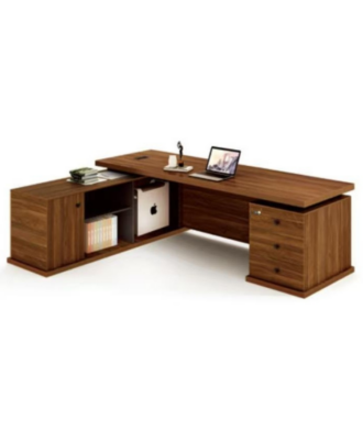 Enzo 1.8m L-shaped executive desk in American Walnut with black column legs and built-in storage