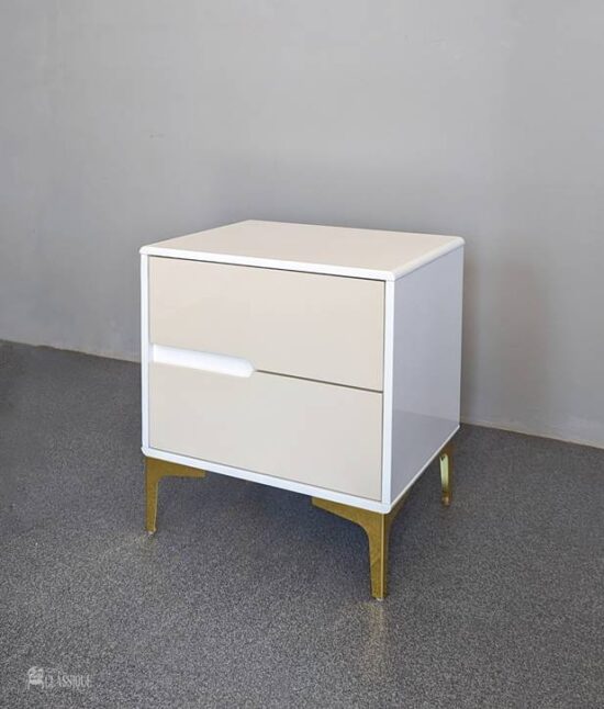 Mirabella Bedside Table White & Beige Metal Leg in Gold 55Wx40Dx55Hcm