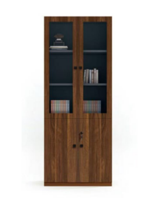 Linden 4-shelf walnut melamine bookcase with glass doors and bottom combination lock