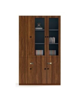 Linden 3 door bookcase in American walnut finish with open upper display shelves and a closed lower storage cabinet