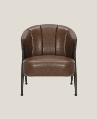 Sienna accent tub chair upholstered in brown PU leather with vertical stitched panels and decorative brass nail trim on a dark metal base.