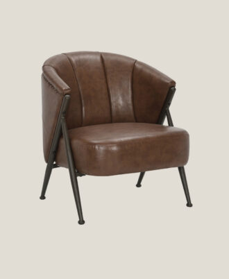 Sienna accent tub chair upholstered in brown PU leather with vertical stitched panels and decorative brass nail trim on a dark metal base.