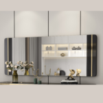 Large horizontal Viviana wall mirror with rounded corners and vertical modern black line detailing