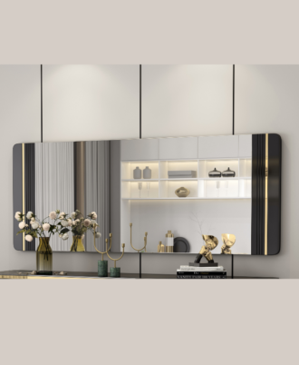Large horizontal Viviana wall mirror with rounded corners and vertical modern black line detailing