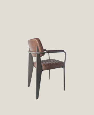 Bethany Chair styled as an Industrial Vintage Desk & Dining Armchair with diamond-quilted brown PU leather and matte coffee steel legs.