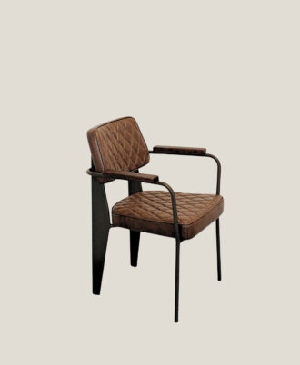 Bethany Chair styled as an Industrial Vintage Desk & Dining Armchair with diamond-quilted brown PU leather and matte coffee steel legs.