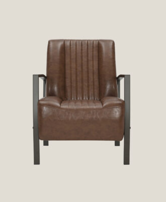 Bold occasional accent chair in brown leatherette with vertical channel tufting and a matte coffee brown steel frame shown from a straight front profile