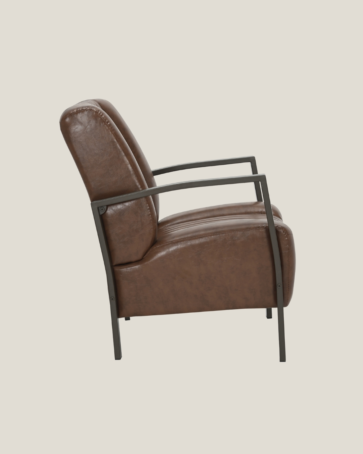 bold-occasional-chair-side-1 Angled view of the Bold industrial lounge armchair showcasing its thick padded seat and geometric matte coffee steel armrests