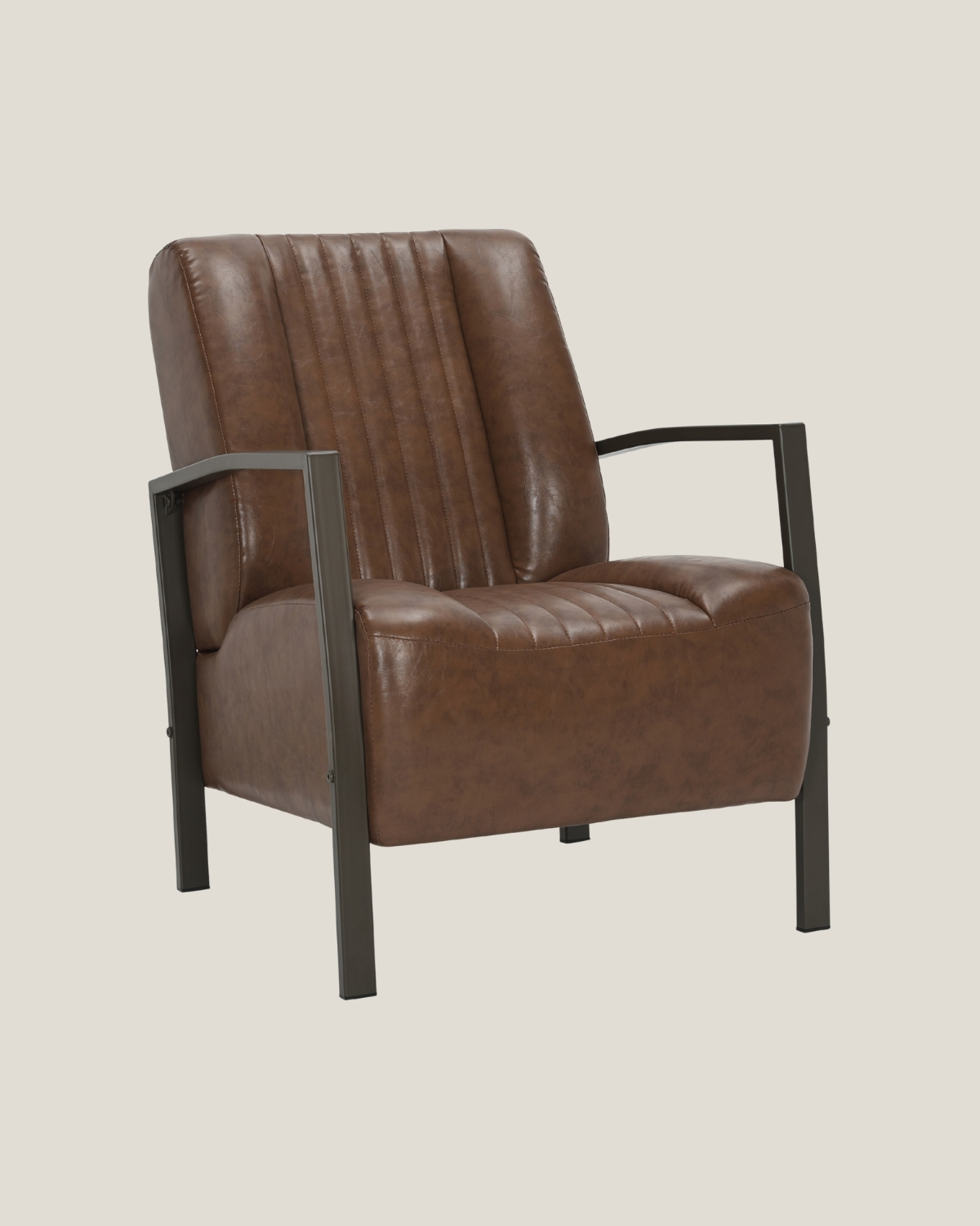 bold-occasional-chair-side Bold occasional accent chair in brown leatherette with vertical channel tufting and a matte coffee brown steel frame shown from a straight front profile