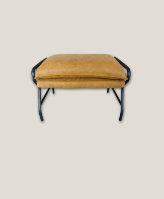 Buzz industrial footrest ottoman in mustard leatherette with a dark steel frame shown from a straight front view