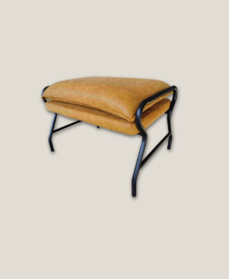 Buzz industrial footrest ottoman in mustard leatherette with a dark steel frame shown from a straight side view