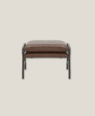 Buzz industrial footrest ottoman in tan brown leatherette with a dark steel frame shown from a straight front view