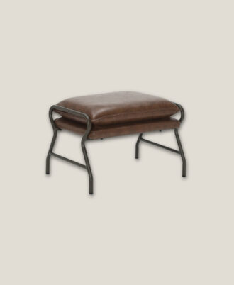 Buzz matching lounge ottoman featuring a plush tan brown faux leather cushion on a modern steel rack frame