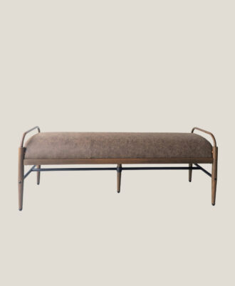 Fantasy 1.4m indoor bench with buffalo brown suede-like leatherette seat on a black steel frame and heat-transfer wood grain armrests