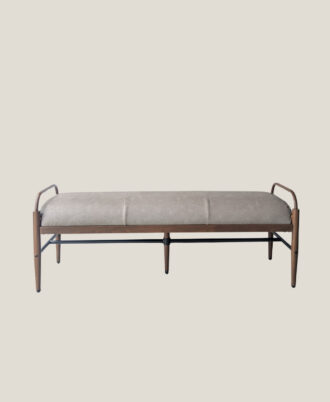 Fantasy 1.4m indoor bench with gray suede-like leatherette seat on a black steel frame and heat-transfer wood grain armrests