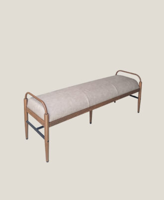 Fantasy 1.4m indoor bench with gray suede-like leatherette seat on a black steel frame and heat-transfer wood grain armrests