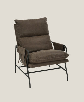 Manhattan occasional accent chair in buffalo brown PU leather featuring a black metal frame with side storage pockets