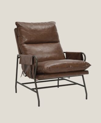 Manhattan occasional accent chair in tan brown PU leather featuring a black metal frame with side storage pockets